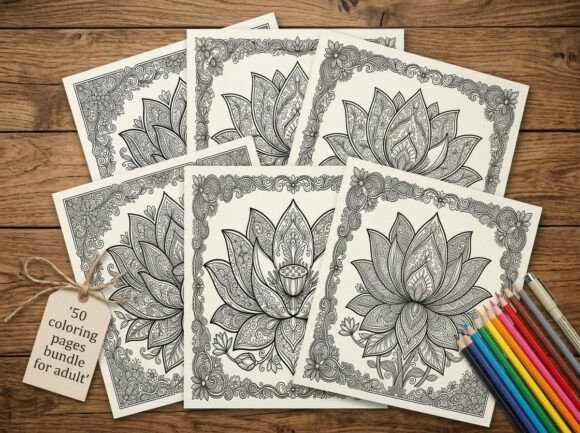 Download 50 Lotus Flower Coloring Pages Bundle - Premium Resources